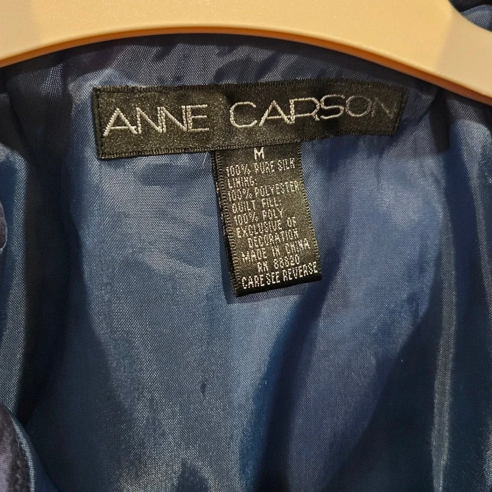 ANNE‎ CARSON Quilted Silk Jacket Navy Embellished Butterfly M Vintage Beaded Y2K